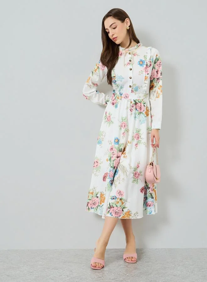 Take Two Women Floral Printed Ruffled Trim Front Midi Dress